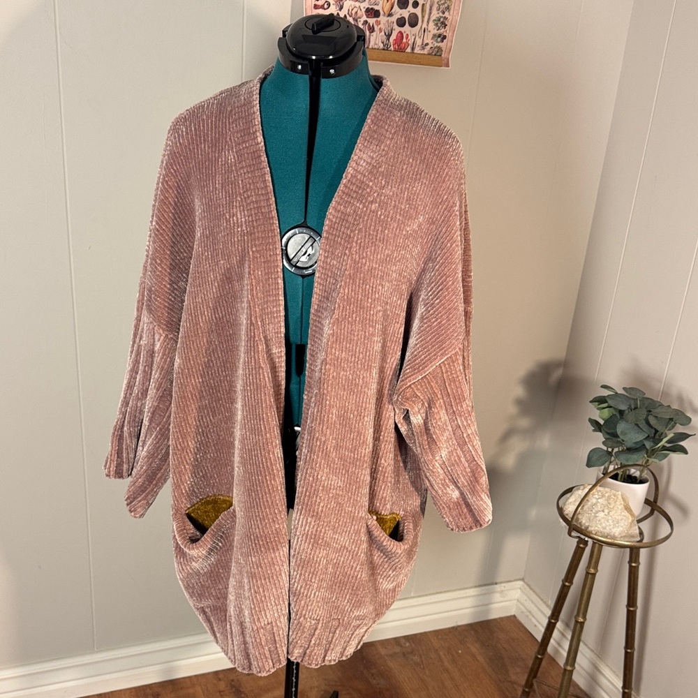 Anthropologie Moth Blush Chenille Cardigan with Mustard Pockets